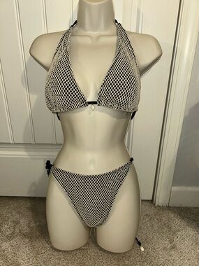NEW Zaful Shell Black and White Mesh Triangle Bikini Brazilian Women Swim Sz L